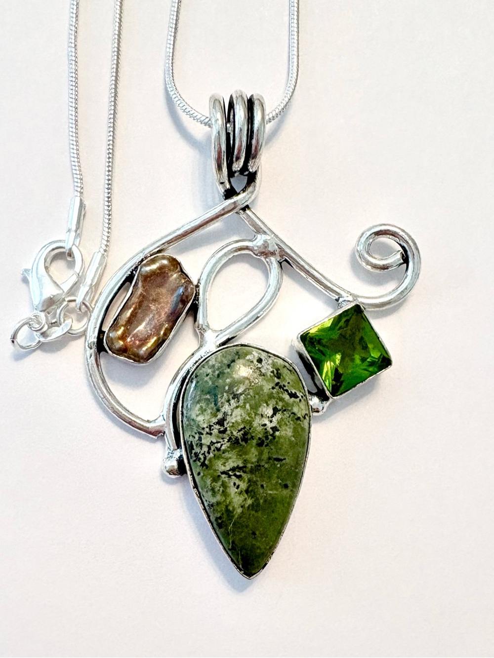 2 1/4 inch, inch, 925 marked, Green Sheer Opal, Peridot, and Biwa Pearl pendant.